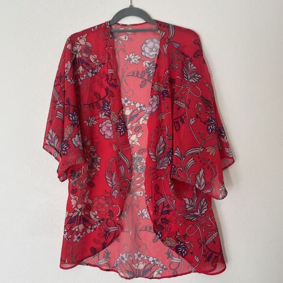 Red Purple Floral Kimono Size L  Mesh Sheer Bohemian Colorful Beach Swim Cover - Picture 1 of 4